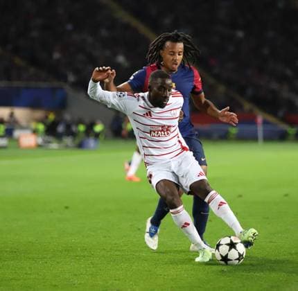 November 26, 2024, Sabadell, Barcelona, Spain: Barcelona Spain 26.11.2024 Jules Kounde FC Barcelona, Barca and Massadio Haidara (Stade Brestois) battle for the ball during the UEFA Champions League between FC Barcelona and Stade Brestois at Estadi Olimpic Lluis Companys on 26 November 2024 in Barcelona. Sabadell Spain - ZUMAu50_ 20241126_zsp_u50_065 Copyright: xXavixUrgelesx