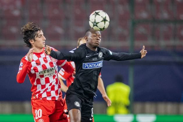 SOCCER - UEFA CL, Sturm vs Girona KLAGENFURT,AUSTRIA,27.NOV.24 - SOCCER - UEFA Champions League, SK Sturm Graz vs Girona FC. Image shows Bryan Gil (Girona) and Malick Yalcouye (Sturm).  GEPAxpictures xMatthiasxTrinkl