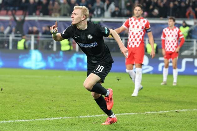 SOCCER - UEFA CL, Sturm vs Girona KLAGENFURT,AUSTRIA,27.NOV.24 - SOCCER - UEFA Champions League, SK Sturm Graz vs Girona FC. Image shows the rejoicing of Mika Biereth (Sturm).  GEPAxpictures xChrisxBauer
