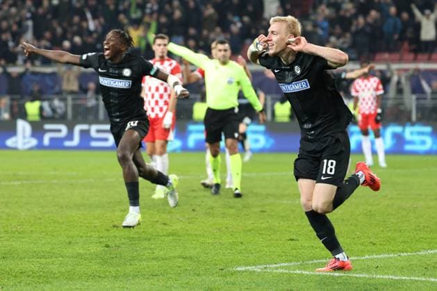 SOCCER - UEFA CL, Sturm vs Girona KLAGENFURT,AUSTRIA,27.NOV.24 - SOCCER - UEFA Champions League, SK Sturm Graz vs Girona FC. Image shows the rejoicing of Mika Biereth (Sturm).  GEPAxpictures xChrisxBauer