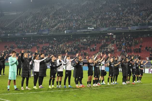 SOCCER - UEFA CL, Sturm vs Girona KLAGENFURT,AUSTRIA,27.NOV.24 - SOCCER - UEFA Champions League, SK Sturm Graz vs Girona FC. Image shows the rejoicing of Sturm.  GEPAxpictures xChrisxBauer