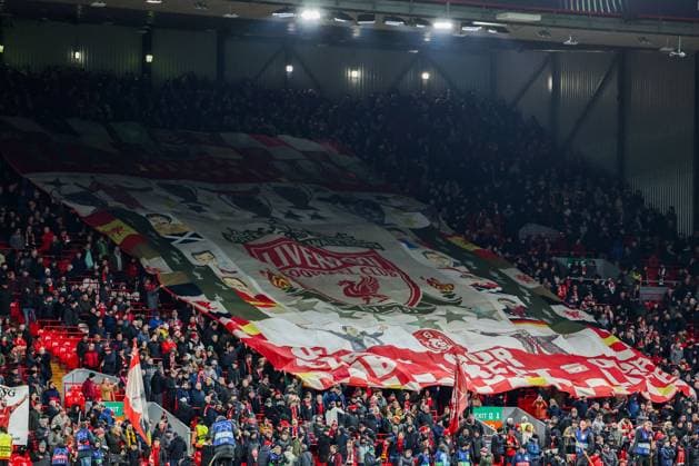 UEFA Champions League, League Phase MD5 Liverpool v Real Madrid Liverpool fans hold up the Liverpool flag prior to the UEFA Champions League, League Phase MD5 Liverpool v Real Madrid at Anfield, Liverpool, United Kingdom, 27th November 2024 (Photo by Mark Cosgrove News Images) Liverpool Anfield Merseyside United Kingdom Copyright: xMarkxCosgrove NewsxImagesx