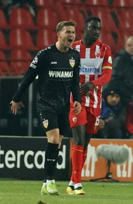 27.11.2024 Belgrade(Serbia) FK Crvena Zvezda-VfB Stuttgart Champions League men s football Maximilian Mittelstädt(L) VfB Stuttgart react during match beside Silas (R) Crvena Zvezda(Red Star) :S.Sandic