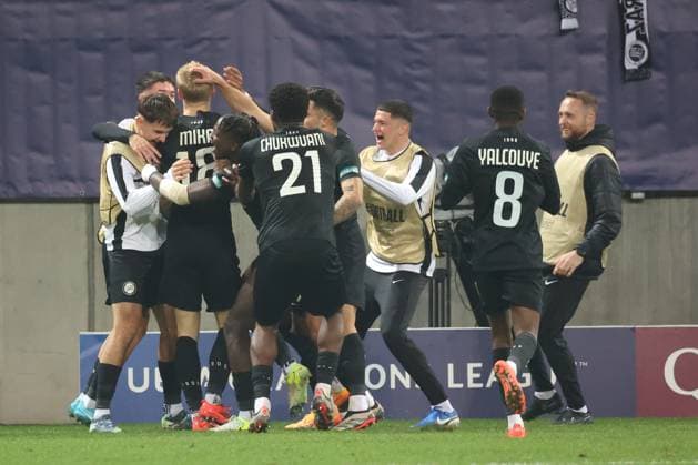 SOCCER - UEFA CL, Sturm vs Girona KLAGENFURT,AUSTRIA,27.NOV.24 - SOCCER - UEFA Champions League, SK Sturm Graz vs Girona FC. Image shows the rejoicing of Sturm.  GEPAxpictures xChrisxBauer