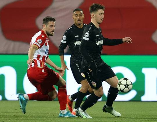 27.11.2024 Belgrade(Serbia) FK Crvena Zvezda-VfB Stuttgart Champions League men s football Timi Max Elsnik(L) Crvena Zvezda(Red Star),Enzo Millot(C),Angelo Stiller(R) VfB Stuttgart :S.Sandic
