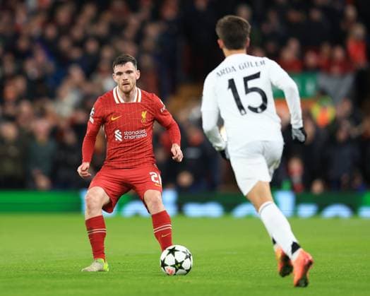 Liverpool, England, 27th November 2024. Liverpool™s Andrew Robertson during the UEFA Champions League match at Anfield, Liverpool. Picture credit should read: Jessica Hornby Sportimage EDITORIAL USE ONLY. No use with unauthorised audio, video, data, fixture lists, club league logos or live services. Online in-match use limited to 120 images, no video emulation. No use in betting, games or single club league player publications. SPI-3486-0042