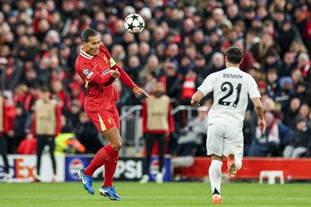 UEFA Champions League, League Phase MD5 Liverpool v Real Madrid Virgil van Dijk of Liverpool heads the ball during the UEFA Champions League, League Phase MD5 Liverpool v Real Madrid at Anfield, Liverpool, United Kingdom, 27th November 2024 (Photo by Mark Cosgrove News Images) Liverpool Anfield Merseyside United Kingdom Copyright: xMarkxCosgrove NewsxImagesx