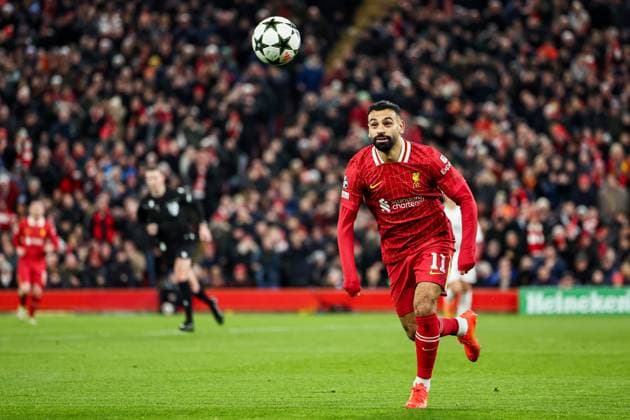 UEFA Champions League, League Phase MD5 Liverpool v Real Madrid Mohamed Salah of Liverpool breaks with the ball during the UEFA Champions League, League Phase MD5 Liverpool v Real Madrid at Anfield, Liverpool, United Kingdom, 27th November 2024 (Photo by Mark Cosgrove News Images) Liverpool Anfield Merseyside United Kingdom Copyright: xMarkxCosgrove NewsxImagesx