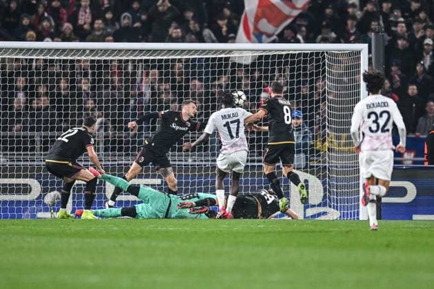 LillaÃ¢ÂÄÂ™s Ngal ayel Mukau scores a goal during Bologna FC vs LOSC Lille, UEFA Champions League football match in Bologna, Italy, November 27 2024  Copyright: xAlessioxMarini IPAxSportx xipa-ax xx IPA_51921543 IPA_Agency_IPA51921543