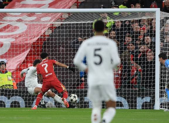 27th November 2024; Anfield, Liverpool, Merseyside, England; Champions League Football, Liverpool versus Real Madrid; Raul Asencio of Real Madrid clears off the line from Luis Diaz of Liverpool  ActionPlus12720623 DavidxBlunsden