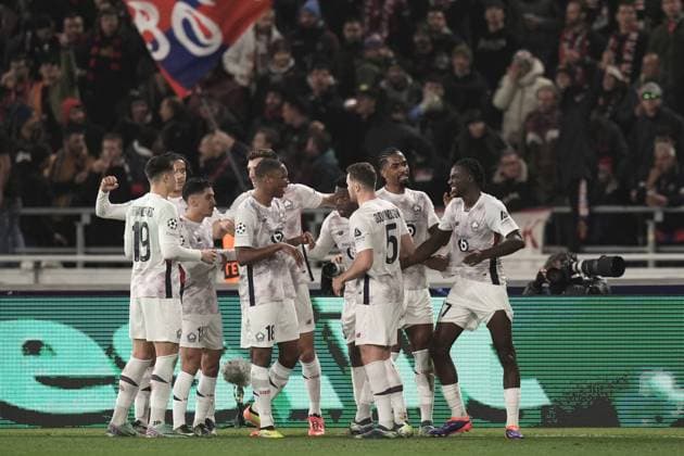 Lille s Ngal ayel Mukau celebrates after scoring the 0-1 goal for his team during the Uefa Champions League 2024 2025 soccer match between Bologna and Lille at Renato Dall Ara Stadium - Soccer - Bologna, Italy - Wednesday November 27, 2024  Copyright: xMassimoxPaolone LaPressex