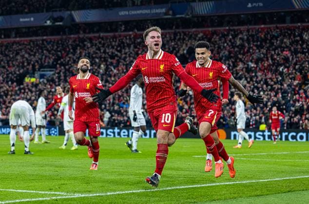 Football - UEFA Champions League - League Phase - Liverpool FC v Real Madrid CF LIVERPOOL, ENGLAND - Wednesday, November 27, 2024: Liverpool s Alexis Mac Allister celebrates after scoring the opening goal during the UEFA Champions League game between Liverpool FC and Real Madrid CF at Anfield. (Photo by David Rawcliffe Propaganda) LIVERPOOL Anfield MERSEYSIDE ENGLAND  Copyright: xDavidxRawcliffex P2024-11-27-Liverpool_Madrid-30