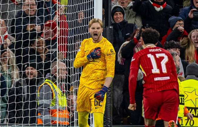 Football - UEFA Champions League - League Phase - Liverpool FC v Real Madrid CF LIVERPOOL, ENGLAND - Wednesday, November 27, 2024: Liverpool s goalkeeper Caoimhin Kelleher celebrates after saving a penalty from Real Madrid s Kylian MbappÃ during the UEFA Champions League game between Liverpool FC and Real Madrid CF at Anfield. (Photo by David Rawcliffe Propaganda) LIVERPOOL Anfield MERSEYSIDE ENGLAND  Copyright: xDavidxRawcliffex P2024-11-27-Liverpool_Madrid-44