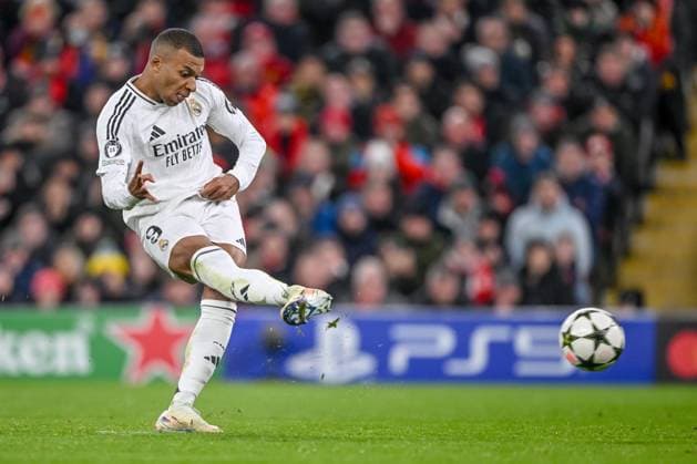 Kylian Mbappe (Real Madrid CF) on the penalty kick during the UEFA Champions League 2024 25 League Phase MD5 match between Liverpool FC and Real Madrid C.F. at Anfield on November 27, 2024 in Liverpool, England. Defodi-541_LIVREA20241127_041