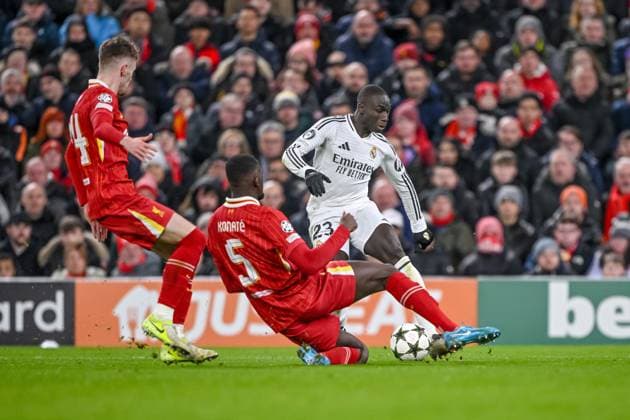 Conor Bradley (Liverpool FC), Ibrahima Konate (Liverpool FC) und Ferland Mendy (Real Madrid CF) battle for the ball during the UEFA Champions League 2024 25 League Phase MD5 match between Liverpool FC and Real Madrid C.F. at Anfield on November 27, 2024 in Liverpool, England. Defodi-541_LIVREA20241127_044