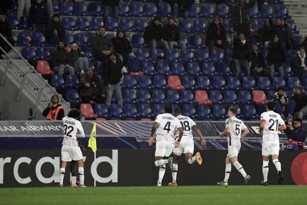 Lille s Ngal ayel Mukau celebrates after scoring the 1-2 goal for his team during the Uefa Champions League 2024 2025 soccer match between Bologna and Lille at Renato Dall Ara Stadium - Soccer - Bologna, Italy - Wednesday November 27, 2024  Copyright: xMassimoxPaolone LaPressex