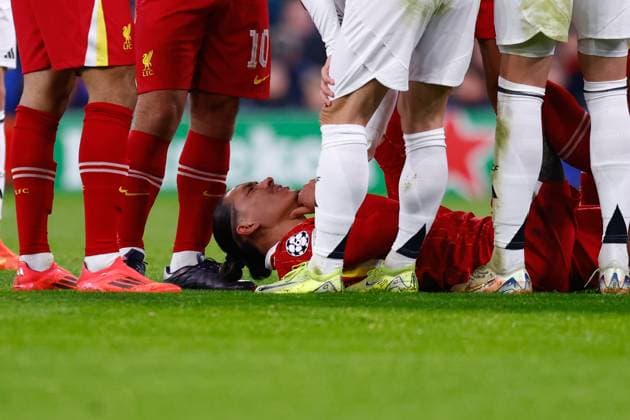 November 27, 2024, Liverpool, Liverpool, ENGLAND: Darwin Nunez of Liverpool hurts during the UEFA Champions League 2024 25 League Phase MD5 match between Liverpool FC and Real Madrid CF at Anfield on November 27, 2024, in Liverpool, England. Liverpool ENGLAND - ZUMAa181 20241127_zaa_a181_042 Copyright: xDennisxAgyemanx