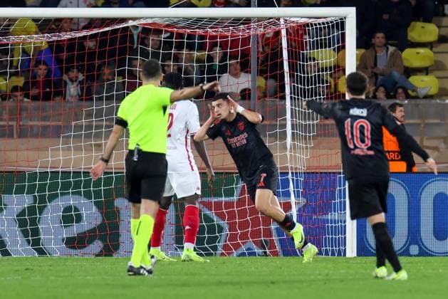 Zeki Amdouni ( 7 - SL Benfica) celebrates his goal during Monaco vs Benfica, UEFA Champions League football match in Monaco, Principality of Monaco, November 27 2024  Copyright: xNicolaxMastronardi IPAxSportx xix xx IPA_51923258 IPA_Agency_IPA51923258