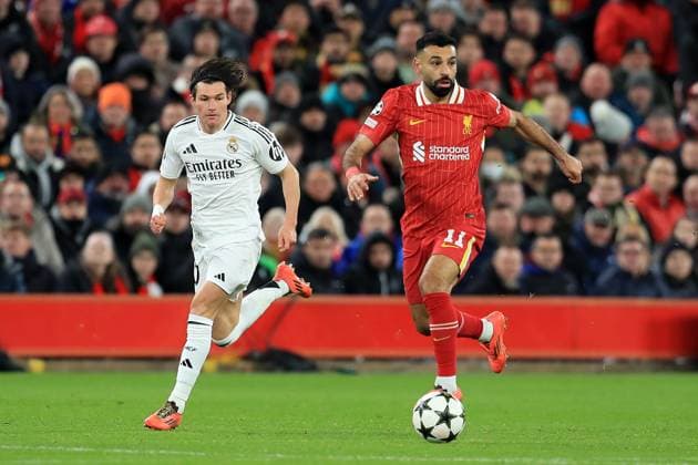 27th November 2024; Anfield, Liverpool, Merseyside, England; Champions League Football, Liverpool versus Real Madrid; Mohammed Salah of Liverpool runs with the ball  ActionPlus12720742 DavidxBlunsden