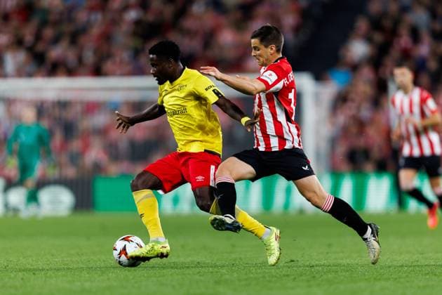 241128 Michael Baidoo of Elfsborg and Mikel Jauregizar of Athletic Bilbao during the Europa League match between Athletic Bilbao and Elfsborg on November 28, 2024 in Bilbao. Photo: Bildbyran EXT BILDBYRAN kod XY XZ0198 fotboll football soccer fotball uefa europa league europa league athletic bilbao elfsborg bbeng Copyright: BILDBYRANxEXT BB241128BB798