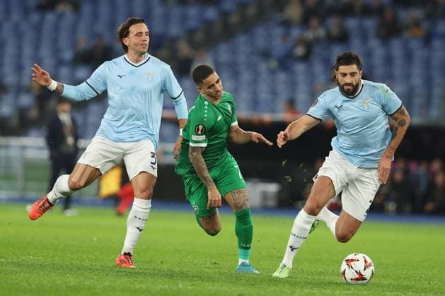 UEFA Europa League - SS Lazio vs Ludogorets Razgrad at Olympic Stadium in Rome on 28th November 2024 Rome, Italy 28.11.2024: Luca Pellegrini of Lazio, Erick Marcus of Ludogorets , Samuel Gigot of Lazio during the Uefa Europa League 2024-2025, day 5, football match between SS Lazio vs Ludogorets Razgrad at Olympic Stadium in Rome. Rome Olympic italy italy Copyright: xmarcoxiacobucci