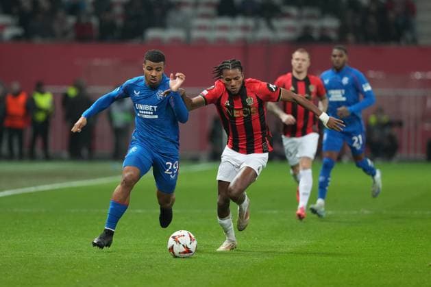 Hamza Igamane of Rangers takes on Hicham Boudaoui of Nice Nice v Rangers, UEFA Europa League, Group Stage, Football, Allianz Riviera, Nice, France - 28 Nov 2024 EDITORIAL USE ONLY No use with unauthorised audio, video, data, fixture lists, club league logos or live services. Online in-match use limited to 120 images, no video emulation. No use in betting, games or single club league player publications. Copyright: xDavexWinter Shutterstockx 14945054o