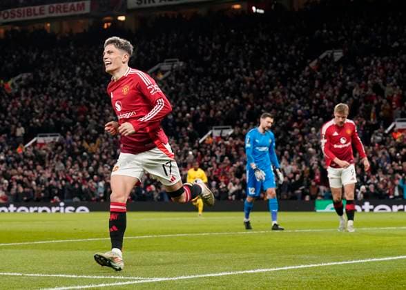 Manchester, England, 28th November 2024. Alejandro Garnacho of Manchester United, ManU celebrates scoring the first goal during the UEFA Europa League match at Old Trafford, Manchester. Picture credit should read: Andrew Yates Sportimage EDITORIAL USE ONLY. No use with unauthorised audio, video, data, fixture lists, club league logos or live services. Online in-match use limited to 120 images, no video emulation. No use in betting, games or single club league player publications. SPI-3487-0013