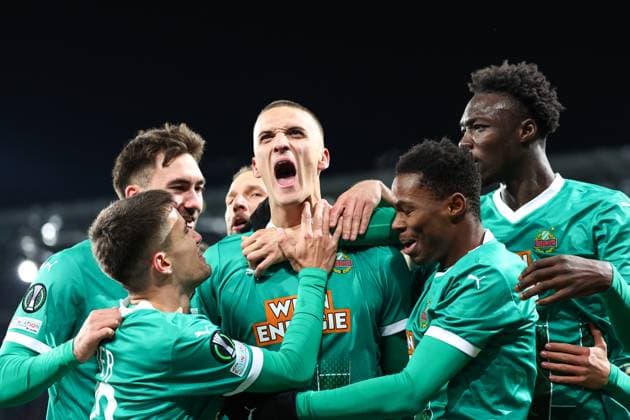 Bilder des Jahres 2024, Sport 11 November Sport Themen der Woche KW48 Sport Bilder des Tages SOCCER - UEFA ECL, Rapid vs Rovers VIENNA,AUSTRIA,28.NOV.24 - SOCCER - UEFA Conference League, SK Rapid Wien vs Shamrock Rovers. Image shows the rejoicing of Rapid with Nenad Cvetkovic (Rapid).  GEPAxpictures xArminxRauthner