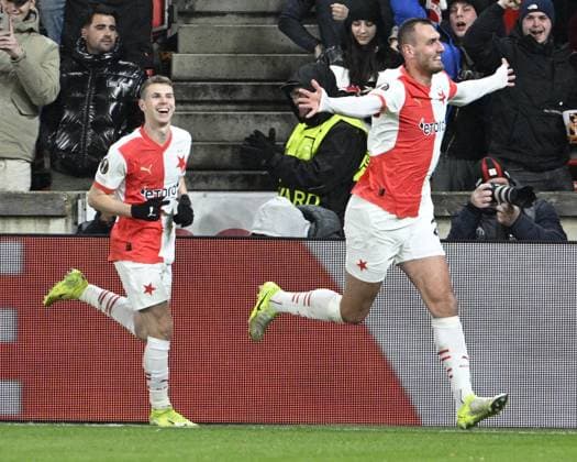 Tomas Chory (Slavia; right) celebrates a goal during the UEFA Europa League, 5th round match: SK Slavia Praha - Fenerbahce Istanbul, in Prague, Czech Republic, on November 28, 2024. (CTKxPhoto MichalxKrumphanzl) CTKPhotoP2024112808221  CTKPhotoP2024112808221
