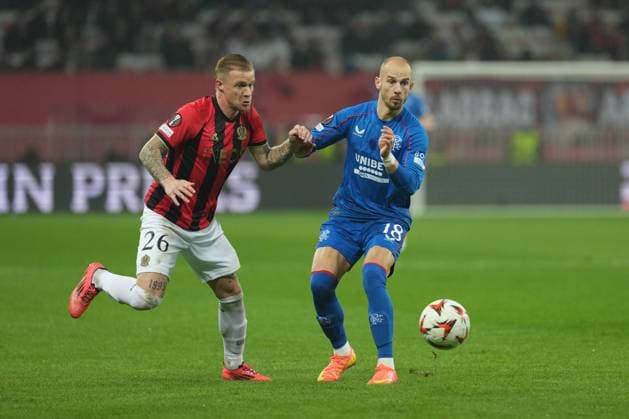 Vaclav Cerny of Rangers and Melvin Bard of Nice Nice v Rangers, UEFA Europa League, Group Stage, Football, Allianz Riviera, Nice, France - 28 Nov 2024 EDITORIAL USE ONLY No use with unauthorised audio, video, data, fixture lists, club league logos or live services. Online in-match use limited to 120 images, no video emulation. No use in betting, games or single club league player publications. Copyright: xDavexWinter Shutterstockx 14945054ac