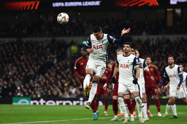 28th November 2024; Tottenham Hotspur Stadium, London, England; UEFA Europa League Football, Tottenham Hotspur versus Roma; Pedro Porro of Tottenham Hotspur heads the ball out into midfield  ActionPlus12720857 JohnxPatrickxFletcher
