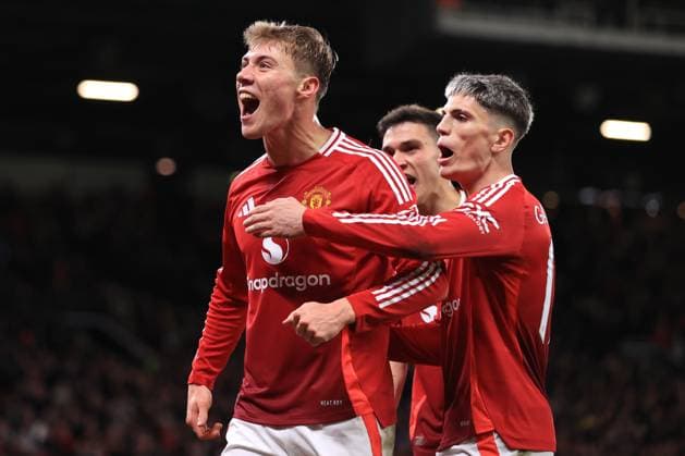Football - UEFA EUROPA League - Manchester United, ManU v FK Bodo Glimt 28th November 2024 - UEFA EUROPA League - Manchester United v FK Bodo Glimt - Rasmus Hojlund of Manchester United celebrates scoring their 2nd goal with Alejandro Garnacho - Photo: Simon Stacpoole Offside. Manchester UK Copyright: xSimonxStacpoolexOffside