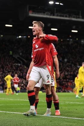 Football - UEFA EUROPA League - Manchester United, ManU v FK Bodo Glimt 28th November 2024 - UEFA EUROPA League - Manchester United v FK Bodo Glimt - Rasmus Hojlund of Manchester United celebrates scoring their 2nd goal - Photo: Simon Stacpoole Offside. Manchester UK Copyright: xSimonxStacpoolexOffside