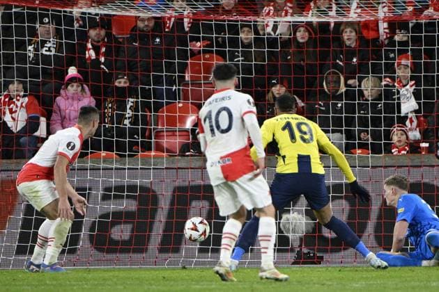 Youssef En-Nesyri (Fenerbahce; 2nd from right) scores during the UEFA Europa League, 5th round match: SK Slavia Praha - Fenerbahce Istanbul, in Prague, Czech Republic, on November 28, 2024. (CTKxPhoto MichalxKrumphanzl) CTKPhotoP2024112809138  CTKPhotoP2024112809138