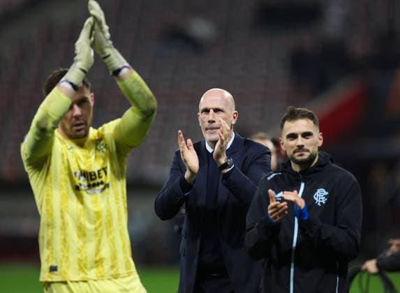 Rangers Manager Philippe Clement applauds the fans during the Europa League group phase match at The Allianz Riviera, Nice. Nice v Rangers, UEFA Europa League, Group Stage, Football, Allianz Riviera, Nice, France - 28 Nov 2024 EDITORIAL USE ONLY No use with unauthorised audio, video, data, fixture lists, club league logos or live services. Online in-match use limited to 120 images, no video emulation. No use in betting, games or single club league player publications. Copyright: xKirkxO Rourke RangersxFC Shutterstockx 14951059jo