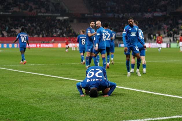 Hamza Igamane of Rangers celebrates after he puts his side 3-0 ahead Nice v Rangers, UEFA Europa League, Group Stage, Football, Allianz Riviera, Nice, France - 28 Nov 2024 EDITORIAL USE ONLY No use with unauthorised audio, video, data, fixture lists, club league logos or live services. Online in-match use limited to 120 images, no video emulation. No use in betting, games or single club league player publications. Copyright: xDavexWinter Shutterstockx 14945054jw