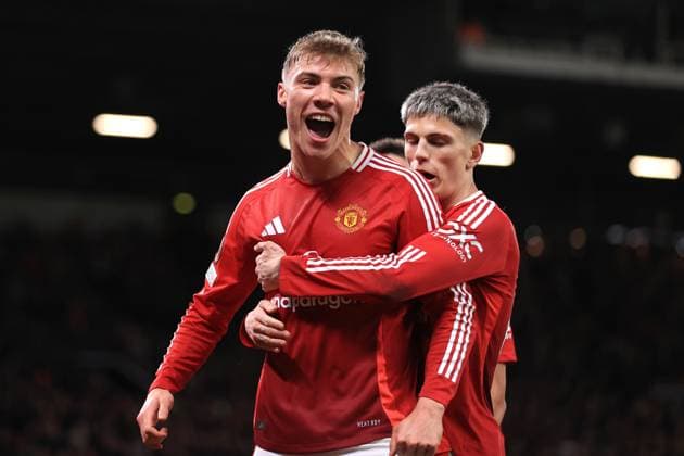 Football - UEFA EUROPA League - Manchester United, ManU v FK Bodo Glimt 28th November 2024 - UEFA EUROPA League - Manchester United v FK Bodo Glimt - Rasmus Hojlund of Manchester United celebrates scoring their 2nd goal with Alejandro Garnacho - Photo: Simon Stacpoole Offside. Manchester UK Copyright: xSimonxStacpoolexOffside