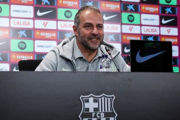 November 29, 2024, Sant Joan Despi, Barcelona, SPAIN: Hansi Flick, head coach of FC Barcelona, Barca attends his press conference, PK, Pressekonferenz during the training day of FC Barcelona ahead the Spanish League, La Liga EA Sports, football match against UD Las Palmas at Ciudad Esportiva Joan Gamper on November 29, 2024 in Sant Joan Despi, Barcelona, Spain. Sant Joan Despi SPAIN - ZUMAa181 20241129_zaa_a181_081 Copyright: xJavierxBorregox