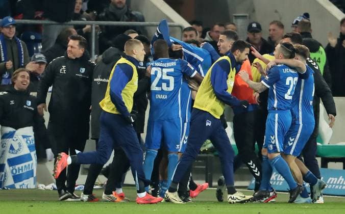 Mohammed El Hankouri jubelt nach 1:0 mit der Mannschaft Freude Emotion Jubel Fußball Fussball 2.Bundesliga Herren 14. Spieltag Saison 2024 2025 29.11.2024 1.FC Magdeburg FCM vs. Hertha BSC Berlin DFL regulations prohibit any use of photographs as image sequences and or quasi-video.