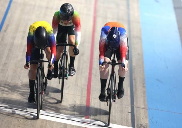 2024-11-29 UCI Track Champions League - Round 2 APELDOORN, NETHERLANDS - NOVEMBER 29: Hetty van der Wouw of the Netherlands, Gaxiola of Mexico, Bayona of Colombia during Round 2 of the UCI Track Champions League at Omnisport on November 29, 2024 in Apeldoorn, Netherlands. (Photo by Peter Lous BSR Agency) Apeldoorn Netherlands Content not available for redistribution in The Netherlands directly or indirectly through any third parties. Copyright: xBSRxAgencyx