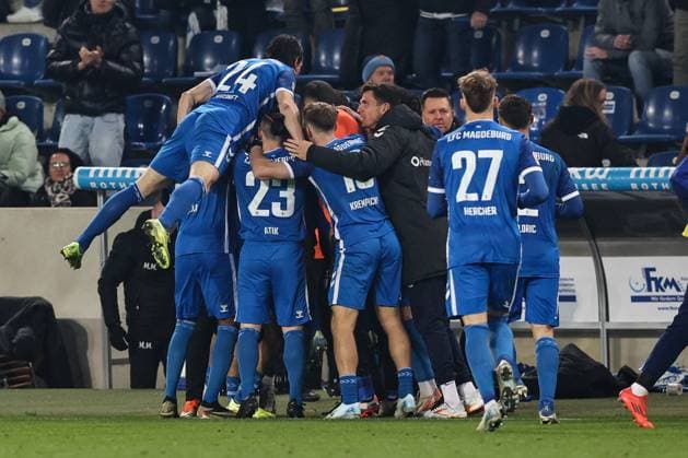 Torjubel - Torschütze Mohammed El Hankouri (1. FC Magdeburg,11) trifft zum 1-0 - 2. Fussball Bundesliga Saison 2024-2025 1. FC Magdeburg vs. Hertha BSC Berlin in der Avnet Arena in Magdeburg - Aktion,Fußball,Mann,Männer,Deutschland,29.11.2024