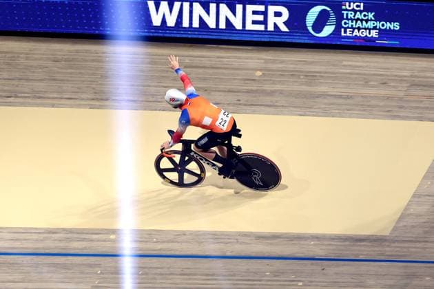 2024-11-29 UCI Track Champions League - Round 2 APELDOORN, NETHERLANDS - NOVEMBER 29: Jeffrey Hoogland of the Netherlands during Round 2 of the UCI Track Champions League at Omnisport on November 29, 2024 in Apeldoorn, Netherlands. (Photo by Peter Lous BSR Agency) Apeldoorn Netherlands Content not available for redistribution in The Netherlands directly or indirectly through any third parties. Copyright: xBSRxAgencyx
