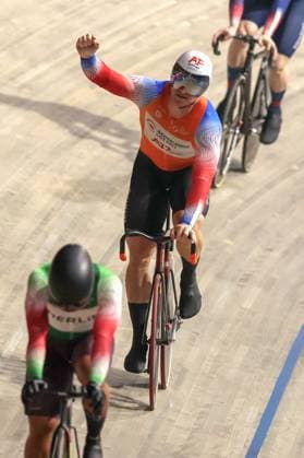 2024-11-29 UCI Track Champions League - Round 2 APELDOORN, NETHERLANDS - NOVEMBER 29: Jeffrey Hoogland of the Netherlands during Round 2 of the UCI Track Champions League at Omnisport on November 29, 2024 in Apeldoorn, Netherlands. (Photo by Peter Lous BSR Agency) Apeldoorn Netherlands Content not available for redistribution in The Netherlands directly or indirectly through any third parties. Copyright: xBSRxAgencyx