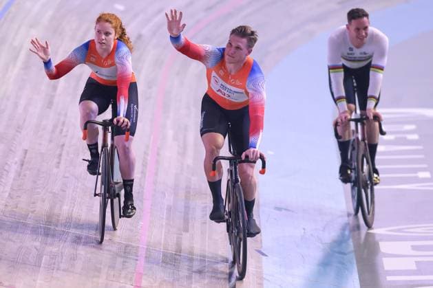 2024-11-29 UCI Track Champions League - Round 2 APELDOORN, NETHERLANDS - NOVEMBER 29: Jeffrey Hoogland of the Netherlands, Harrie Lavreysen of the Netherlands and Hetty van der Wouw of the Netherlands during Round 2 of the UCI Track Champions League at Omnisport on November 29, 2024 in Apeldoorn, Netherlands. (Photo by Peter Lous BSR Agency) Apeldoorn Netherlands Content not available for redistribution in The Netherlands directly or indirectly through any third parties. Copyright: xBSRxAgencyx