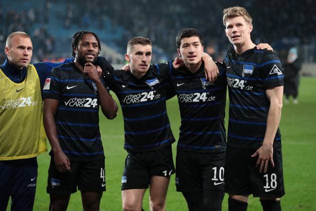 v.l. Jon Dagur Thorsteinsson (Hertha BSC Berlin,24), Deyovaisio Zeefuik (Hertha BSC Berlin,42), Jonjoe Kenny (Hertha BSC Berlin,16), Ibrahim Maza (Hertha BSC Berlin,10), Luca Schuler (Hertha BSC,18) - 2. Fussball Bundesliga Saison 2024-2025 1. FC Magdeburg vs. Hertha BSC Berlin in der Avnet Arena in Magdeburg - Aktion,Fußball,Mann,Männer,Deutschland,29.11.2024