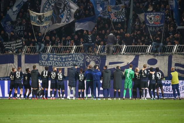 29.11.2024, xgox, Fussball 2. Bundesliga, 1. FC Magdeburg - Hertha BSC Berlin emspor, v.l. Hertha Jubel ueber den Sieg, Jubel nach Spielende (DFL DFB REGULATIONS PROHIBIT ANY USE OF PHOTOGRAPHS as IMAGE SEQUENCES and or QUASI-VIDEO) Magdeburg