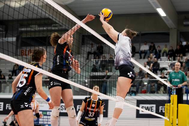 1. Volleyball Bundesliga Frauen: Schwarz-Weiss Erfurt vs. Allianz MTV Stuttgart; Erfurt; 30.11.2024 Lucia Varela ( 12; Allianz MTV Stuttgart) gegen Isabella Noble ( 5; Schwarz-Weiss Erfurt) 1. Volleyball Bundesliga Frauen: Schwarz-Weiss Erfurt vs. Allianz MTV Stuttgart; Riethsporthalle Erfurt; 30.11.2024 Copyright: xBEAUTIFULxSPORTS Duehringx