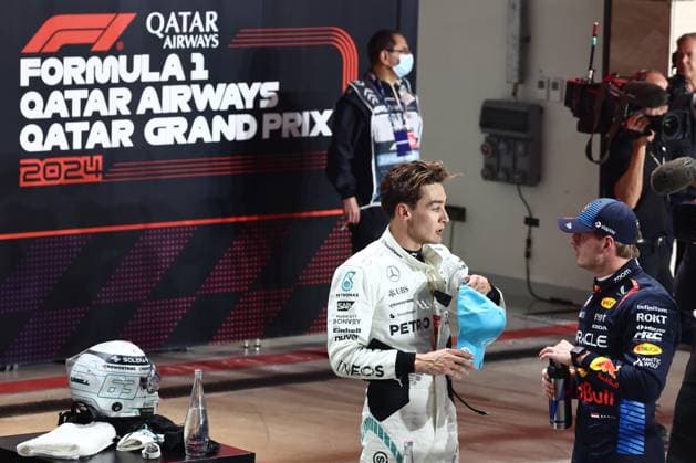 Formel 1, GP Katar in Losail, Qualifying F1 Grand Prix Of Qatar 2024 Qualifying George Russell of Mercedes and Max Verstappen of Red Bull Racing after qualifying ahead of the Formula 1 Grand Prix of Qatar at Lusail International Circuit in Lusail, Qatar on November 30, 2024. Lusail Qatar  Copyright: xJakubxPorzyckix originalFilename:porzycki-f1grandp241130_npxg7.jpg