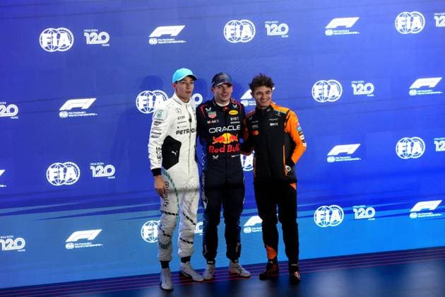 Formula 1 Qatar Airways Qatar Grand Prix 2024 30.11.2024, Losail International Circuit, Doha, Formula 1 Qatar Airways Qatar Grand Prix 2024 ,im Bild Poleposition für Max Verstappen (NLD), Oracle Red Bull Racing, 2.Startplatz für George Russell (GBR), Mercedes-AMG Petronas Formula One Team, 3.Startplatz für Lando Norris (GBR), McLaren F1 Team
