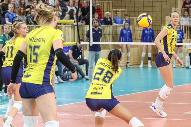 30.11.2024, xusrbx, Volleyball 1.Bundesliga Damen, VC Wiesbaden - SSC Palmberg Schwerin emspor, v.l. Elles Dambrink (SSC Palmberg Schwerin, 15), Pimpichaya Beem Kokeam (SSC Palmberg Schwerin, 28), Jaeliyn Keene (SSC Palmberg Schwerin, 22), (DFL DFB REGULATIONS PROHIBIT ANY USE OF PHOTOGRAPHS as IMAGE SEQUENCES and or QUASI-VIDEO) Wiesbaden